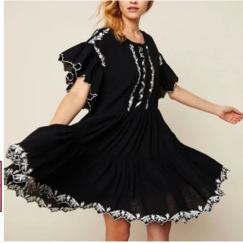FREE PEOPLE Santiago Black White Embroidered Dress Boho Extra Small XS